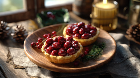 A delicious berry tart rests on a wooden plate, surrounded by rustic decor and warm candlelight, creating a cozy and inviting atmosphere perfect for any gathering.の素材