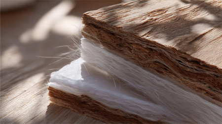 This close-up image showcases the intricate layers of natural fibers, beautifully lit to emphasize the soft textures and organic materials, creating a serene ambiance.の素材