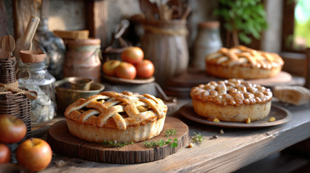 Showcasing three delicious pies with golden crusts and vibrant apples in a charming rustic kitchen, inviting warmth and culinary delight.の素材