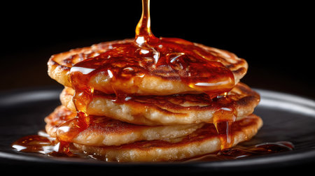 A mouthwatering close-up of a stack of golden pancakes on a dark plate, with rich maple syrup flowing down, creating a delicious breakfast scene.の素材