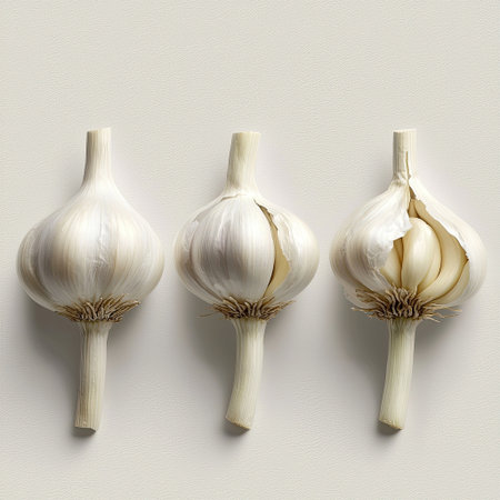 This image presents fresh garlic bulbs on a white background, illustrating interesting stages of clove exposure, showcasing texture, form, and freshness for culinary uses.の素材