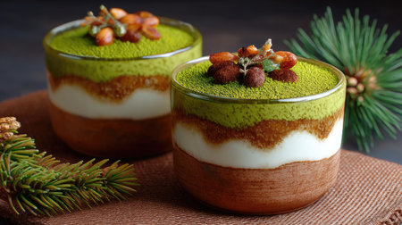 A stunning dessert featuring multiple layers of cream and matcha, adorned with delightful toppings. Perfect for gatherings and special occasions.の素材