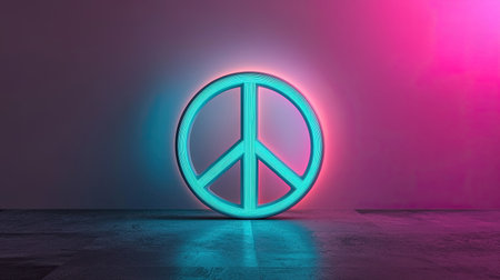 A striking neon peace symbol radiates vibrant pink and blue hues against a textured gray wall. This modern decor piece evokes feelings of harmony and positivity.の素材