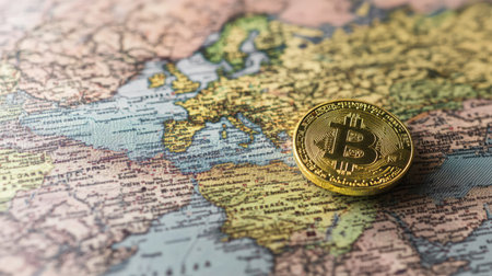 A gold Bitcoin coin resting on a vintage world map symbolizes the intersection of cryptocurrency and global finance, showcasing modern investment trends and economic exploration.の素材