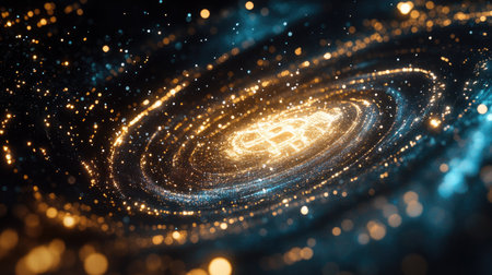 Explore a mesmerizing digital landscape featuring swirling particles and vibrant lights, symbolizing the intersection of cryptocurrency and futuristic technology in a cosmic setting.の素材