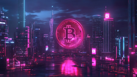 A vibrant digital cityscape at night featuring striking neon lights and a prominent Bitcoin symbol, showcasing the intersection of technology and finance in urban environments.の素材