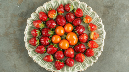 A captivating arrangement of fresh strawberries and golden fruits on a beautiful plate, perfect for illustrating health, seasonal produce, or culinary delights in a rustic setting.の素材
