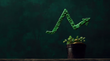 A creative representation of growth and success featuring a green paper arrow rising above a potted plant on a dark background, symbolizing progress in business and investment.の素材