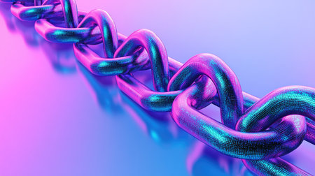 This abstract image showcases a metallic chain in striking purple and blue hues, set against a soft gradient background, ideal for artistic and digital projects.の素材