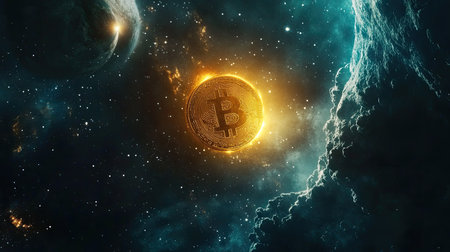 A striking visualization of Bitcoin suspended in space, capturing the essence of cryptocurrency within a cosmic backdrop, merging finance and technology in a mesmerizing way.の素材