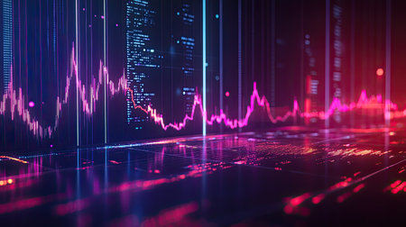 This image features a colorful digital visualization of financial data trends, showcasing vibrant graphs and statistics in a modern, high-tech environment. Perfect for technology and finance themes.の素材