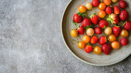 A visually appealing arrangement of fresh strawberries and gooseberries on a rustic plate, showcasing the beauty and vibrancy of seasonal fruits on a textured gray surface.の素材
