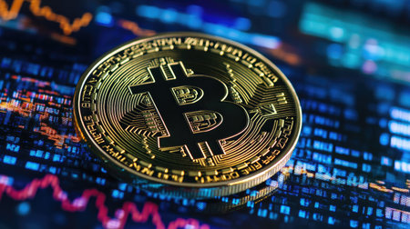 A detailed view of a Bitcoin coin shining against a backdrop of digital stock market data, representing the dynamic world of cryptocurrency trading and financial analysis.の素材