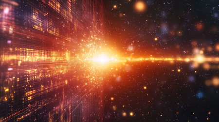This mesmerizing abstract image captures a vibrant display of glowing lights and digital particles, symbolizing technology, energy, and cosmic wonders in a stunning sci-fi atmosphere.の素材