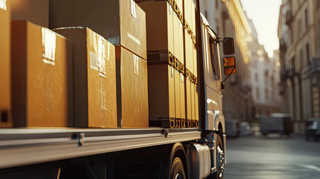 A side view of a delivery truck filled with cardboard boxes parked on an urban street at sunset, highlighting city logistics and transport operations in action.の素材
