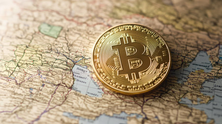 A golden Bitcoin coin rests on a detailed world map, symbolizing the expansive reach and potential of cryptocurrency in the modern financial landscape.の素材