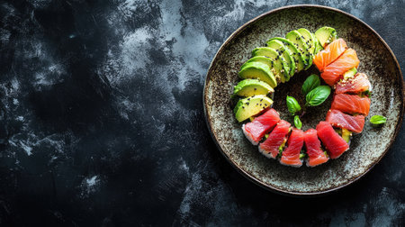 A beautifully arranged sushi plate featuring assorted fresh fish and avocado slices, ideal for food enthusiasts, chefs, or culinary presentations and restaurant menus.の素材
