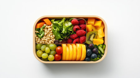 A vibrant packed lunch with an assortment of fresh fruits, vegetables, and seeds, presented in a wooden container, perfect for healthy meals and meal prep enthusiasts.の素材