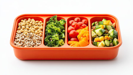 A vibrant meal prep container featuring grains, legumes, and fresh vegetables, perfect for promoting healthy eating habits and balanced nutrition.の素材
