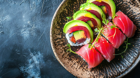 Experience the allure of sushi with fresh tuna and colorful vegetables, beautifully arranged on a rustic plate, perfect for culinary enthusiasts and food lovers.の素材