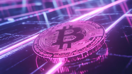 This image depicts a digital Bitcoin coin with a vibrant neon glow, surrounded by abstract lines and patterns, symbolizing the dynamic nature of cryptocurrency technology and finance.の素材