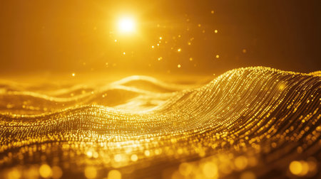 An enchanting depiction of golden waves illuminated by sunlight, creating a tranquil atmosphere with shimmering particles and intricate textures, perfect for creative projects.の素材