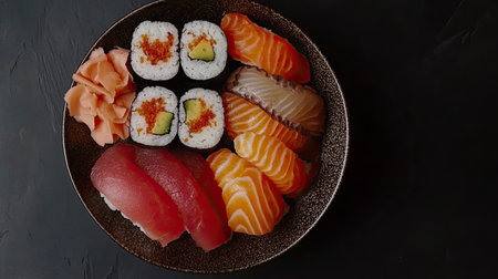 A stunning display of colorful sushi and sashimi, showcasing fresh ingredients and artistic presentation, perfect for food lovers and culinary exploration.の素材