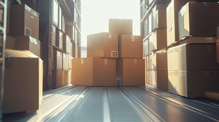 A well-lit warehouse scene featuring neatly stacked cardboard boxes casting soft shadows, ideal for showcasing logistics, storage solutions, and shipping services in a commercial setting.の素材