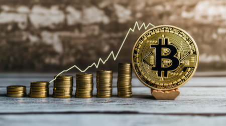 This image illustrates the concept of cryptocurrency investment growth, featuring stacks of coins alongside a prominent Bitcoin symbol against a background of financial trends.の素材