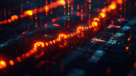 Explore a captivating abstract background depicting a digital data flow with glowing red nodes, ideal for technology, innovation, and science concepts.の素材