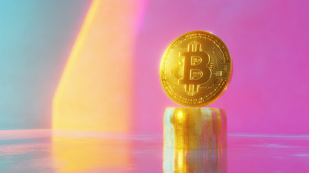 A striking golden Bitcoin coin stands majestically on a pedestal, set against a colorful gradient background, representing the future of digital currency and innovative financial opportunities.の素材