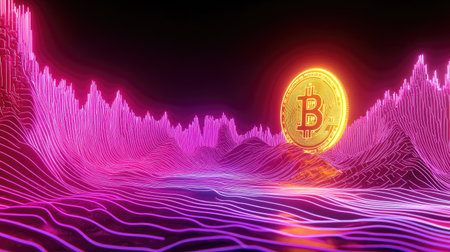 Vibrant digital landscape featuring a Bitcoin symbol in a neon-lit environment, representing the future of cryptocurrency and financial technology innovations.の素材