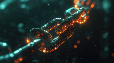 A captivating 3D illustration of glowing digital chain links, symbolizing blockchain technology and data security in a dark, immersive atmosphere filled with energy.の素材