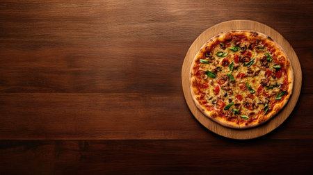 A mouthwatering pizza featuring a medley of toppings including pepperoni and green peppers, perfectly baked and presented on a rustic wooden board.の素材