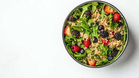 Colorful and healthy quinoa salad featuring fresh berries and greens, perfect for a nutritious meal or snack, set against a minimal white background.の素材