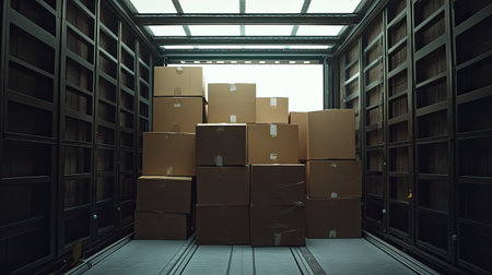 A collection of neatly stacked cardboard boxes inside a shipping container, offering a glimpse into organized transport logistics illuminated by natural daylight.の素材