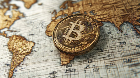 A detailed image of a Bitcoin coin resting on a vintage world map, illustrating the intersection of digital currency and global finance, highlighting innovation and economic opportunities.の素材
