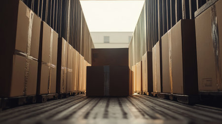 An engaging perspective of a semi-trailer truck filled with neatly arranged cardboard boxes, showcasing logistics and transportation in a loading dock setting.の素材