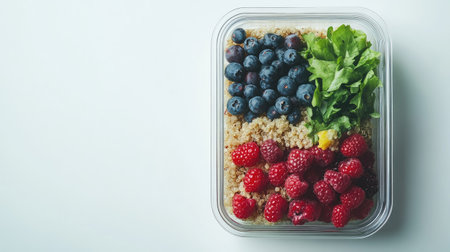 A vibrant meal prep bowl featuring quinoa, fresh berries, and crisp greens, perfect for a nutritious lifestyle and healthy eating habits. Ideal for meal planning.の素材