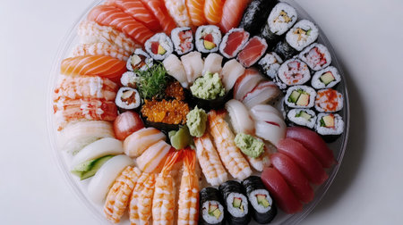 A beautifully arranged sushi platter featuring a variety of sushi types, perfect for gatherings, events, or a delightful meal that highlights artistry in Japanese cuisine.の素材