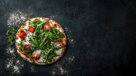 A beautifully arranged pizza featuring vibrant cherry tomatoes and fresh arugula sits on a rustic dark surface, sprinkled with flour, ideal for food photography and culinary art.の素材