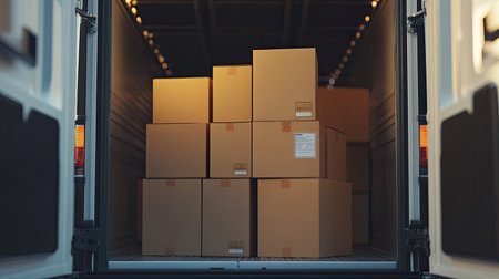 A shipping truck filled with neatly arranged brown boxes, symbolizing efficiency in logistics and the vital role of transportation in business operations and supply chain management.の素材
