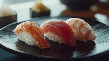 Discover a beautiful sushi assortment featuring fresh fish and delicate rice, elegantly arranged on a black plate, perfect for a Japanese culinary experience.の素材