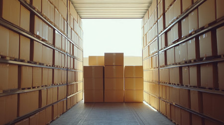 A bright interior view of a shipping container filled with neatly stacked cardboard boxes, emphasizing efficient storage solutions for logistics and transportation needs.の素材
