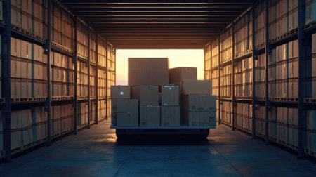 A visually striking image of stacked cardboard boxes on pallets inside a warehouse, bathed in warm sunset light that creates depth and an industrial ambiance.の素材