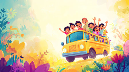 This vibrant illustration captures the joy of children on a school bus, surrounded by colorful flowers and a bright landscape, symbolizing adventure and carefree happiness.の素材