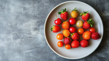 This image showcases a vibrant assortment of fresh strawberries, cherries, and melon arranged artfully on a light grey plate, perfect for promoting healthy eating and seasonal produce.の素材