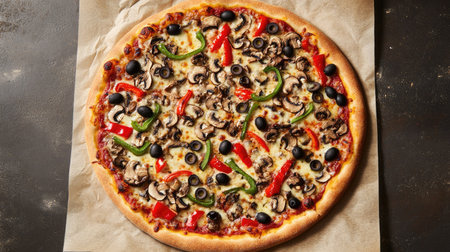 A mouth-watering freshly baked pizza featuring a colorful array of olives, mushrooms, and peppers, perfect for any meal or gathering with friends and family.の素材