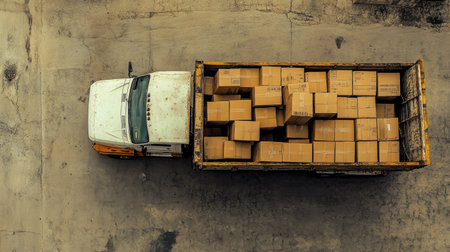 This image showcases an aerial view of a cargo truck filled with stacked cardboard boxes, emphasizing logistics and freight transport on an industrial roadway.の素材