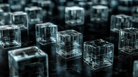 An abstract image featuring transparent glass cubes arranged on a dark surface. The reflections and shadows create a modern, minimalistic aesthetic ideal for contemporary artwork.の素材
